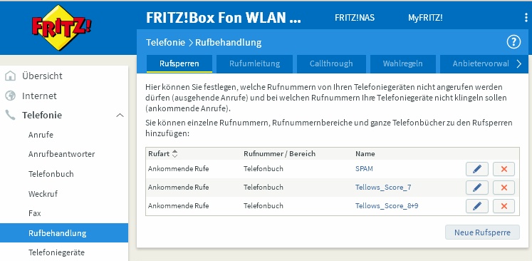 Fritz Box Nummernsperre